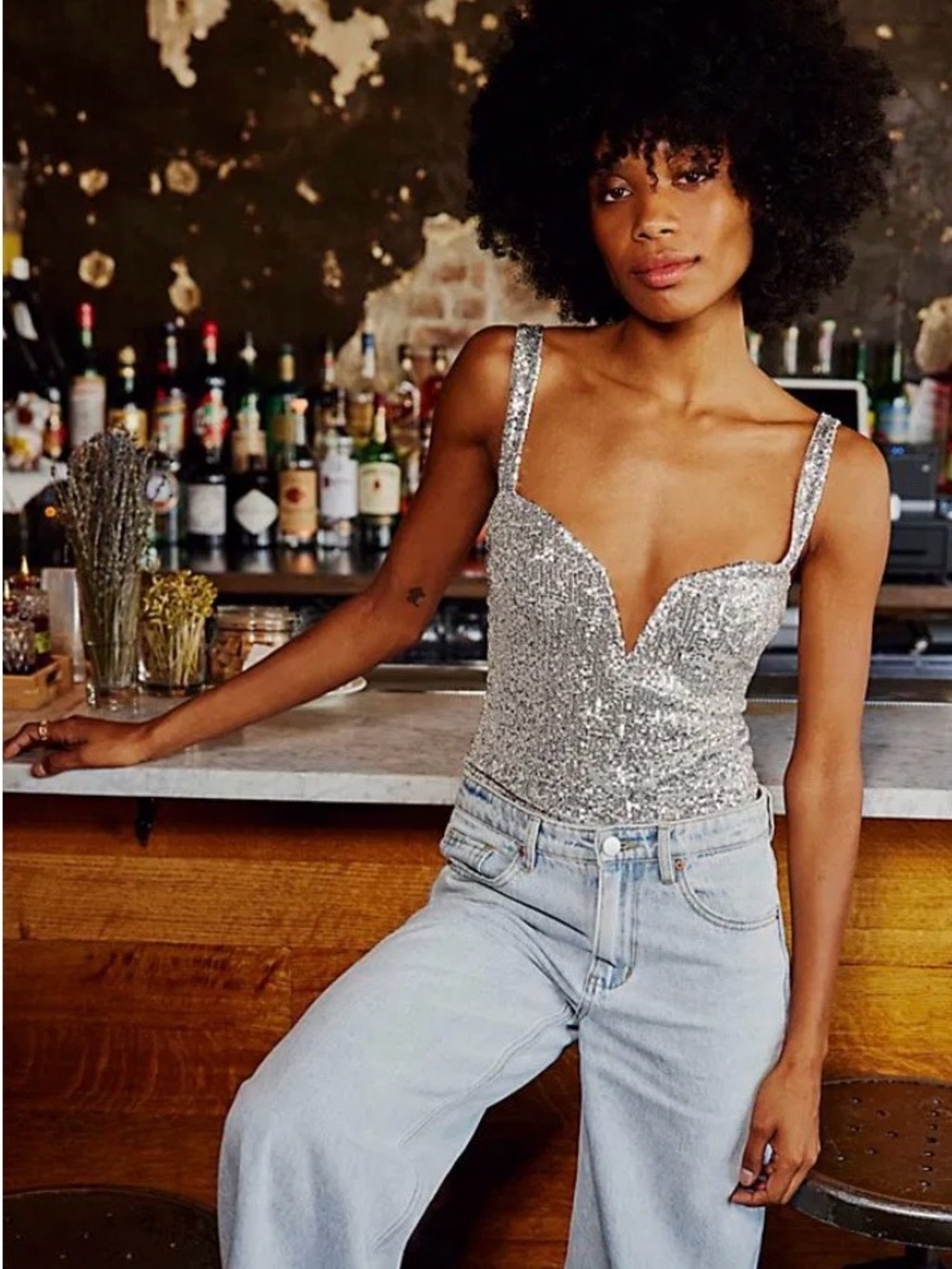 Free People Intimately Sparkly Fly Silver Sequin Corset Bodysuit - size M